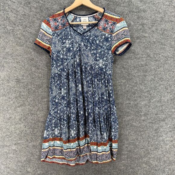 Knox Rose Dress Women XS Blue Floral Shift Midi V-Neck Short Sleeve Rayon Casual - Picture 1 of 7